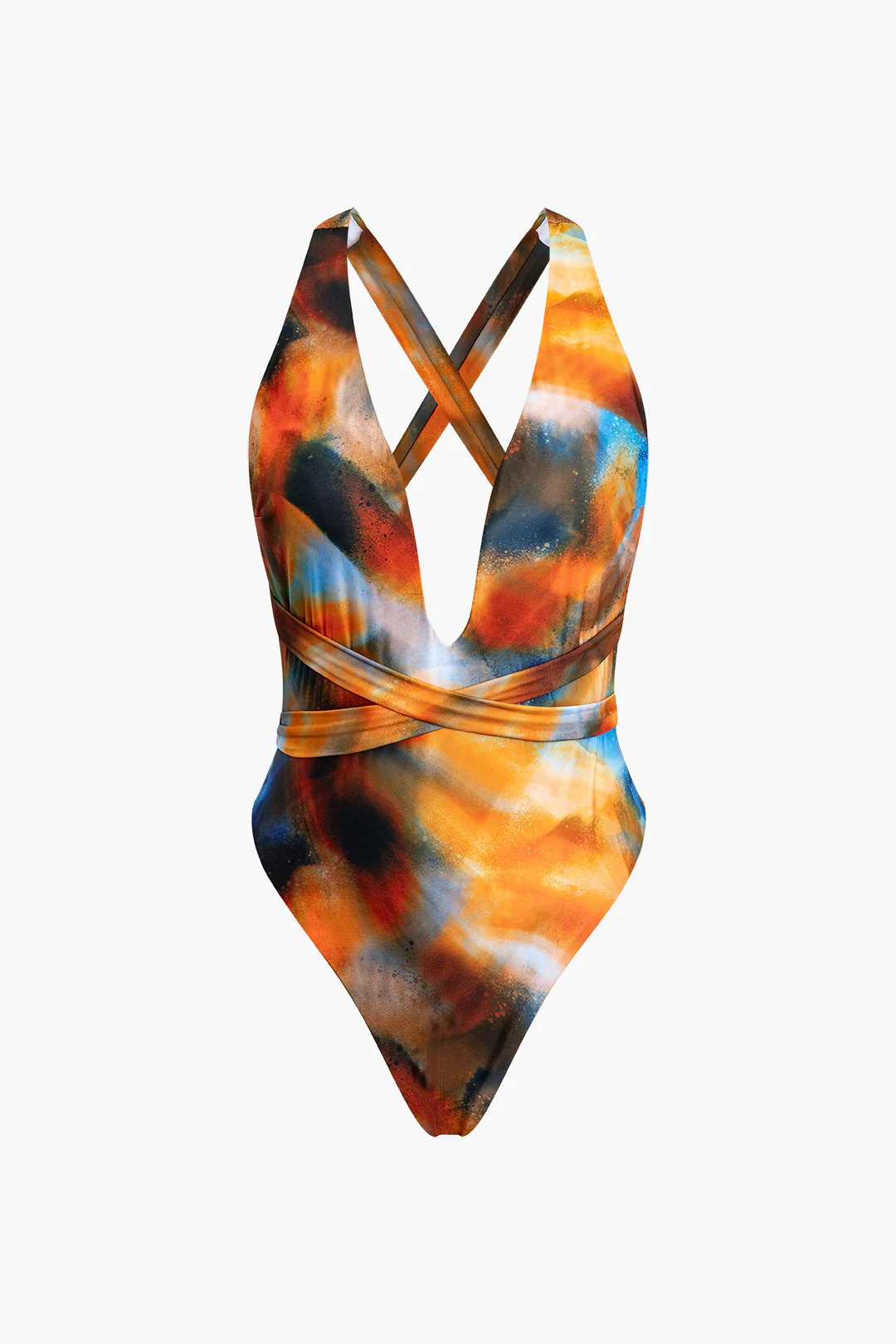 Abstract Print V-neck Cross-back Tie Swimsuit and Mesh Mini Sarong Skirt Set