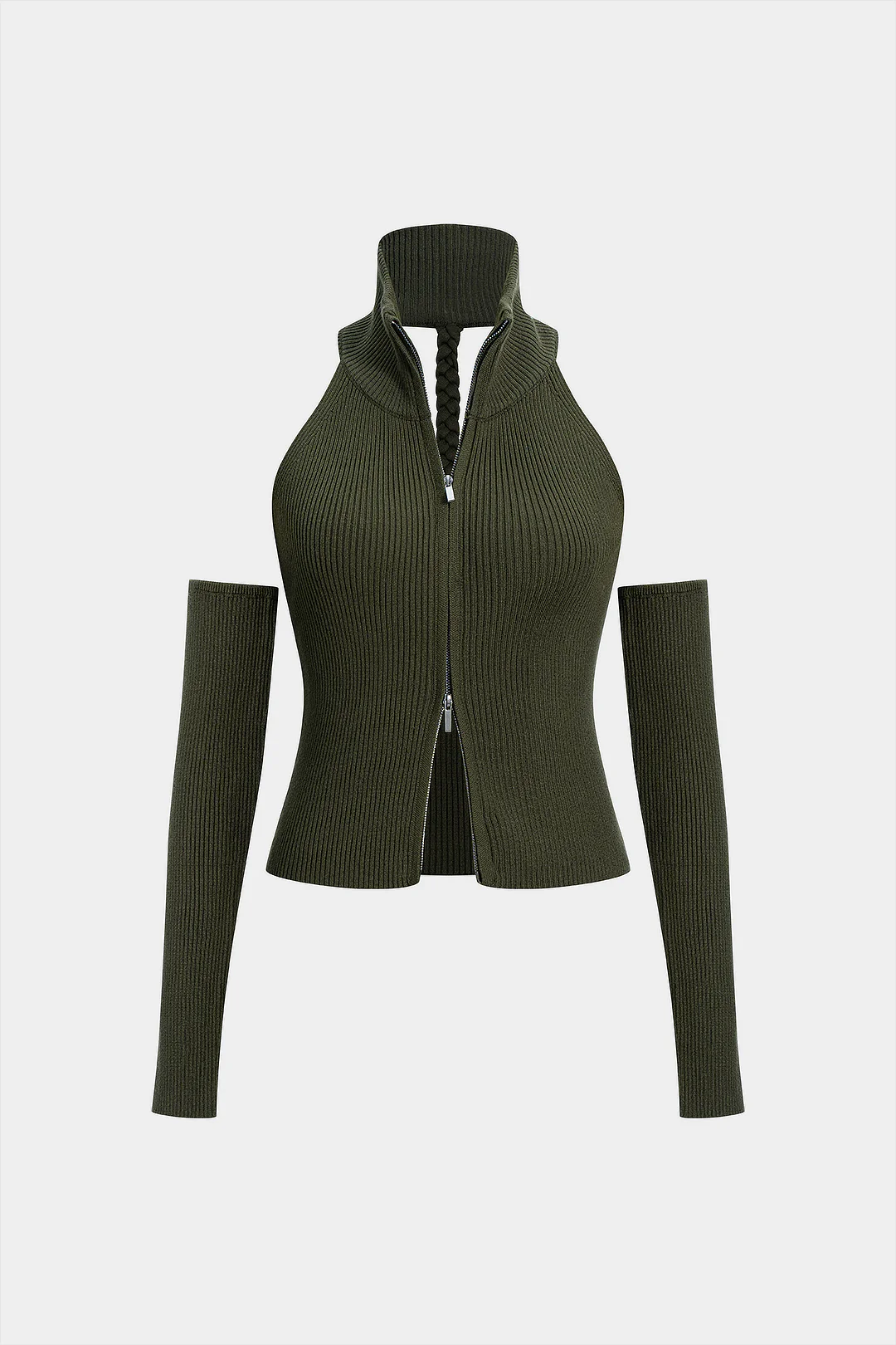 Knit Braided Backless Zipper Long-Sleeve Top