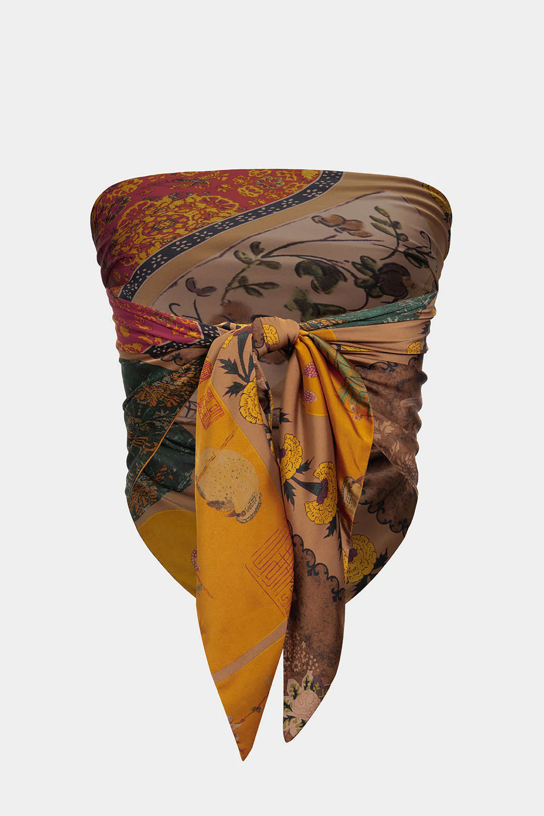 Plus Size Vintage Print Satin Tie Front Tube Top