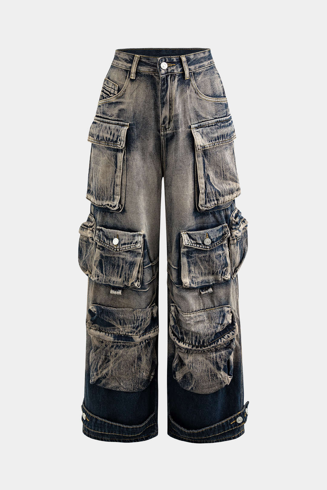 Ombre Multi-Pocket Wide-Leg Cargo Denim Trousers