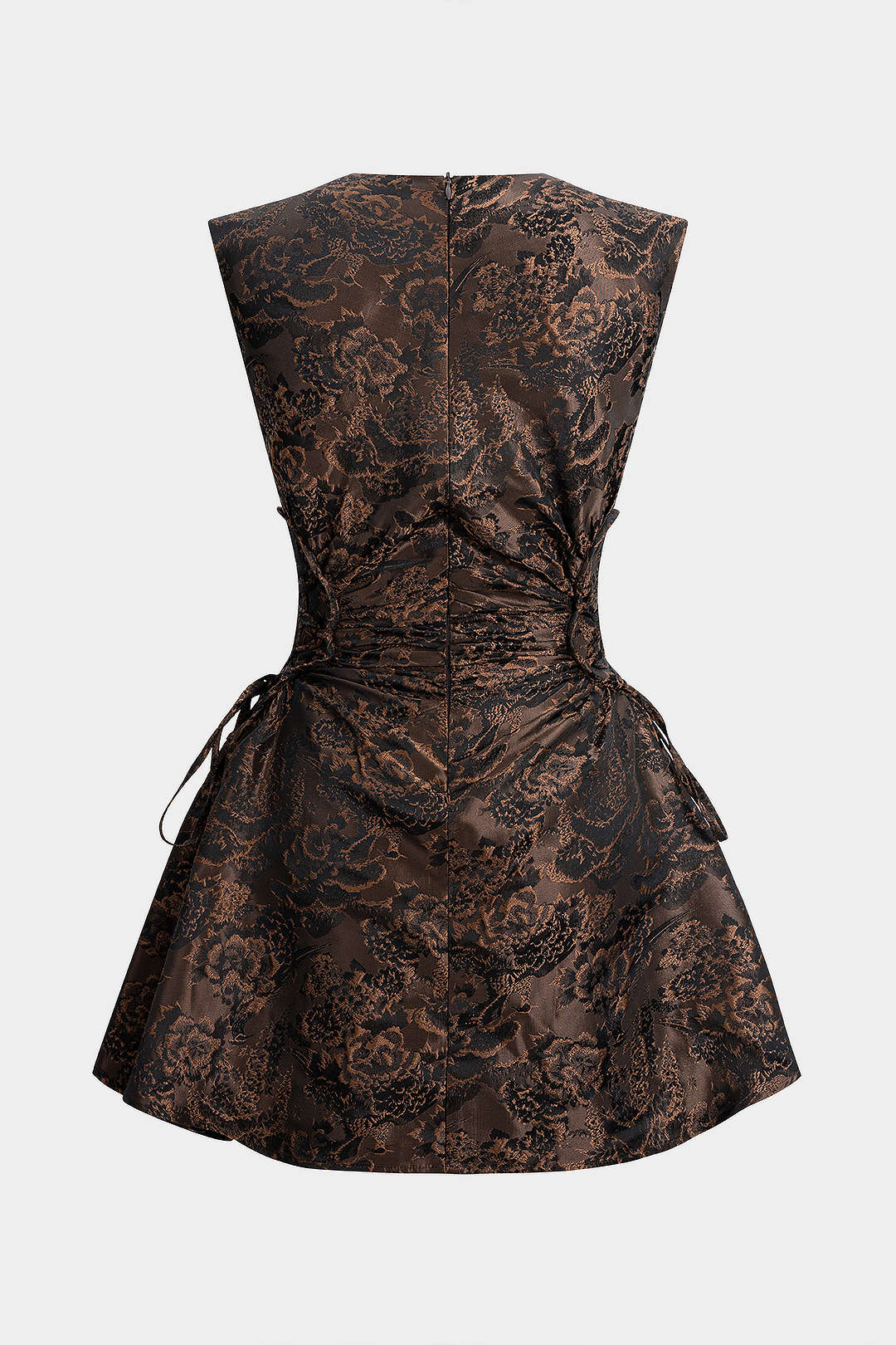 Jacquard Ruched Drawstring V-Neck Zipper Sleeveless Mini Dress