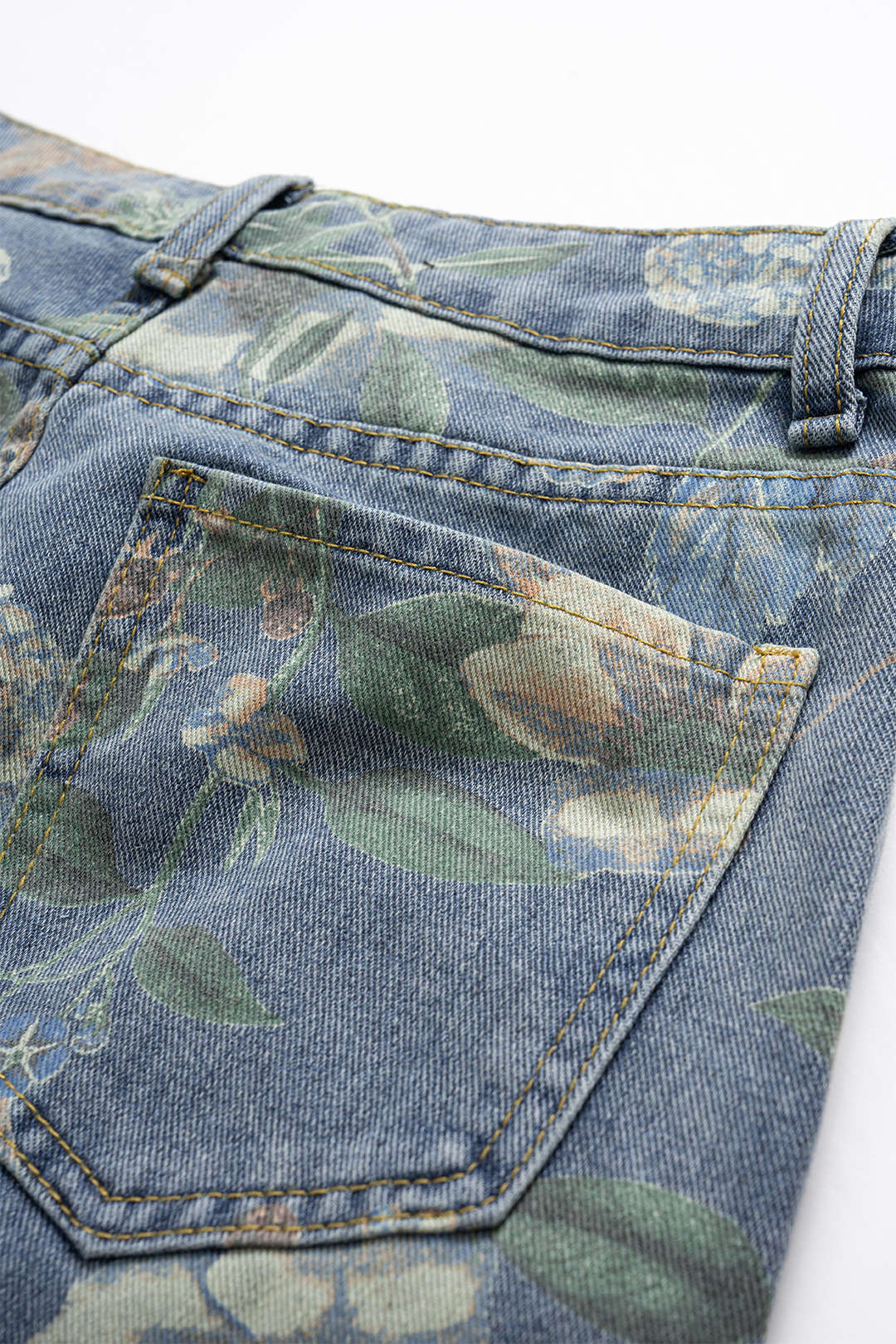 Retro Floral Print Denim Button Pocket Wide Leg Jeans