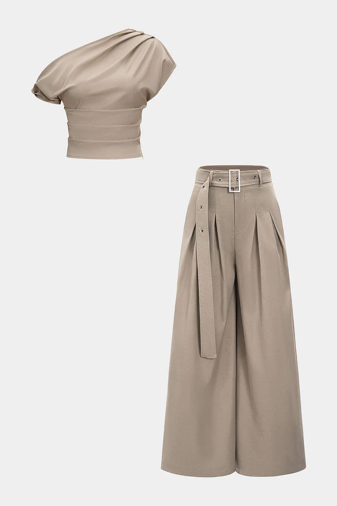 Ruched Asymmetrical Top and Belted Wide-Leg Trousers Outfit Set