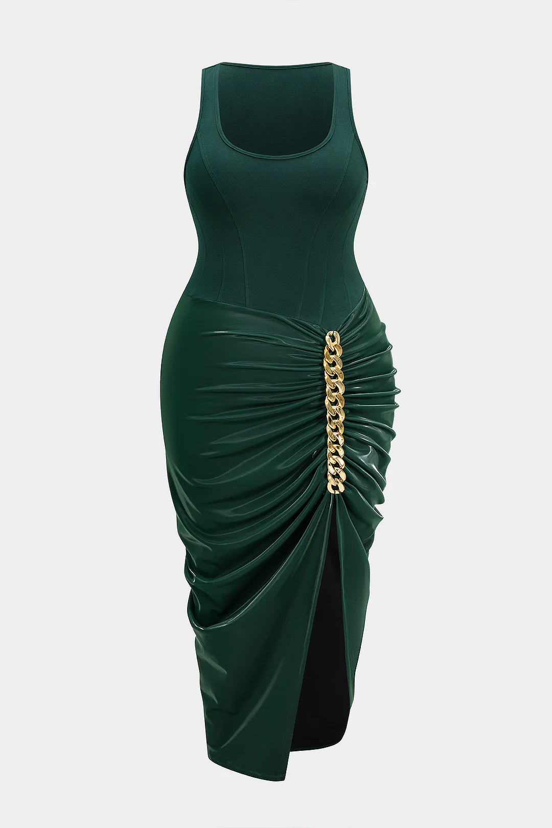 Plus Size Metallic Ruched Square Neck Sleeveless Midi Dress