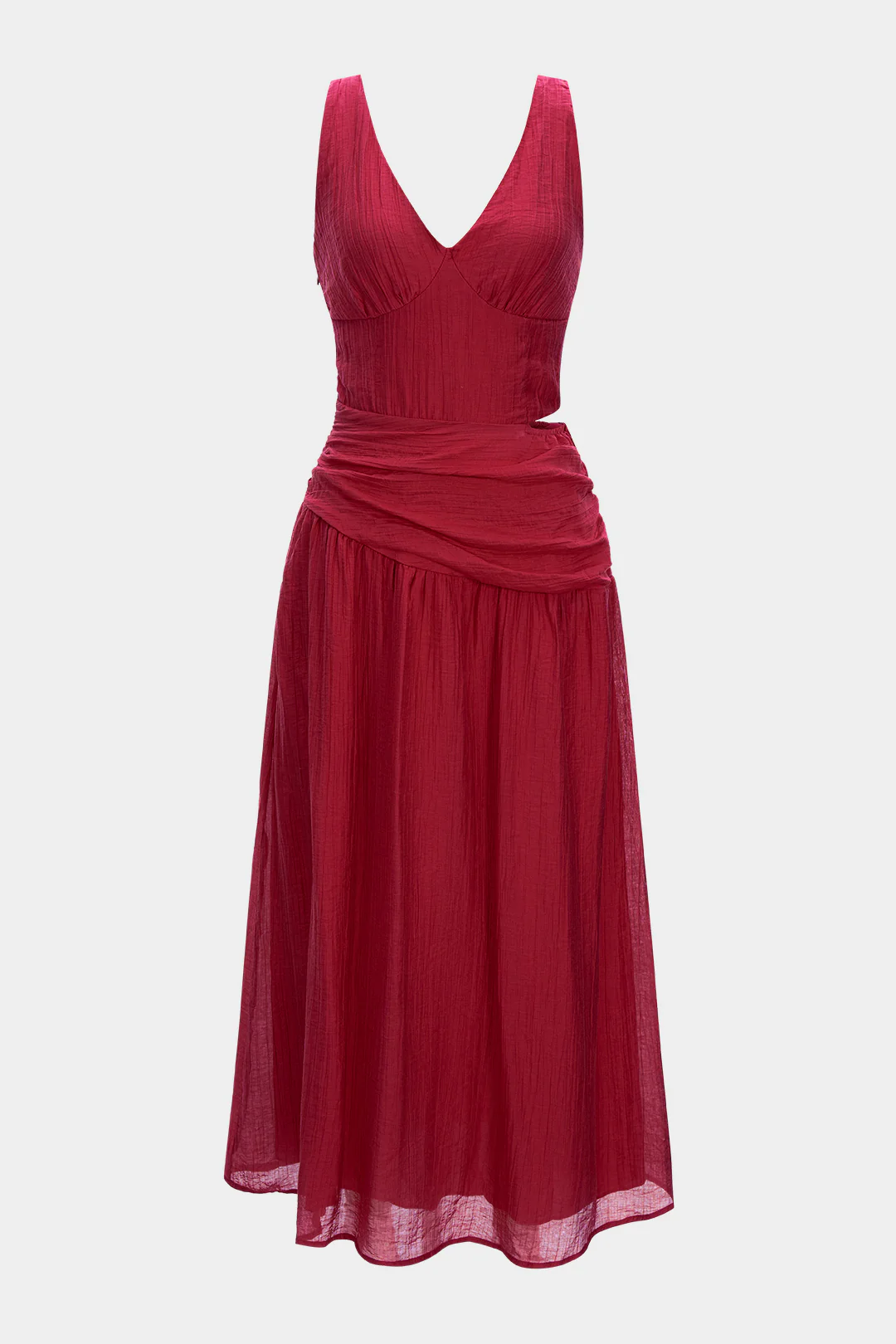 V-Neck Cut-Out Asymmetrical Ruched Sleeveless Midi Dress