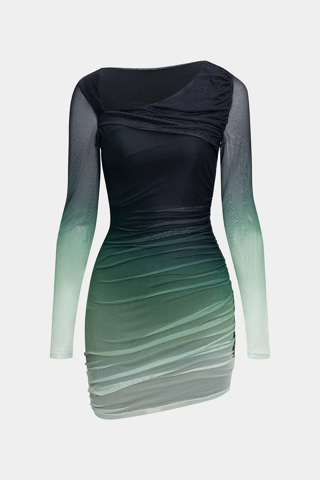 Mesh Color - Block Print Asymmetric Ruched Long - Sleeve Mini Dress