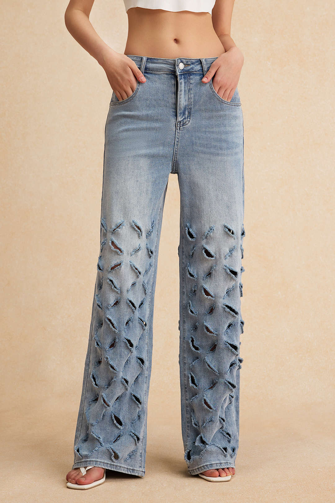 Ripped Cut-Out Button-Pocket Wide-Leg Jeans