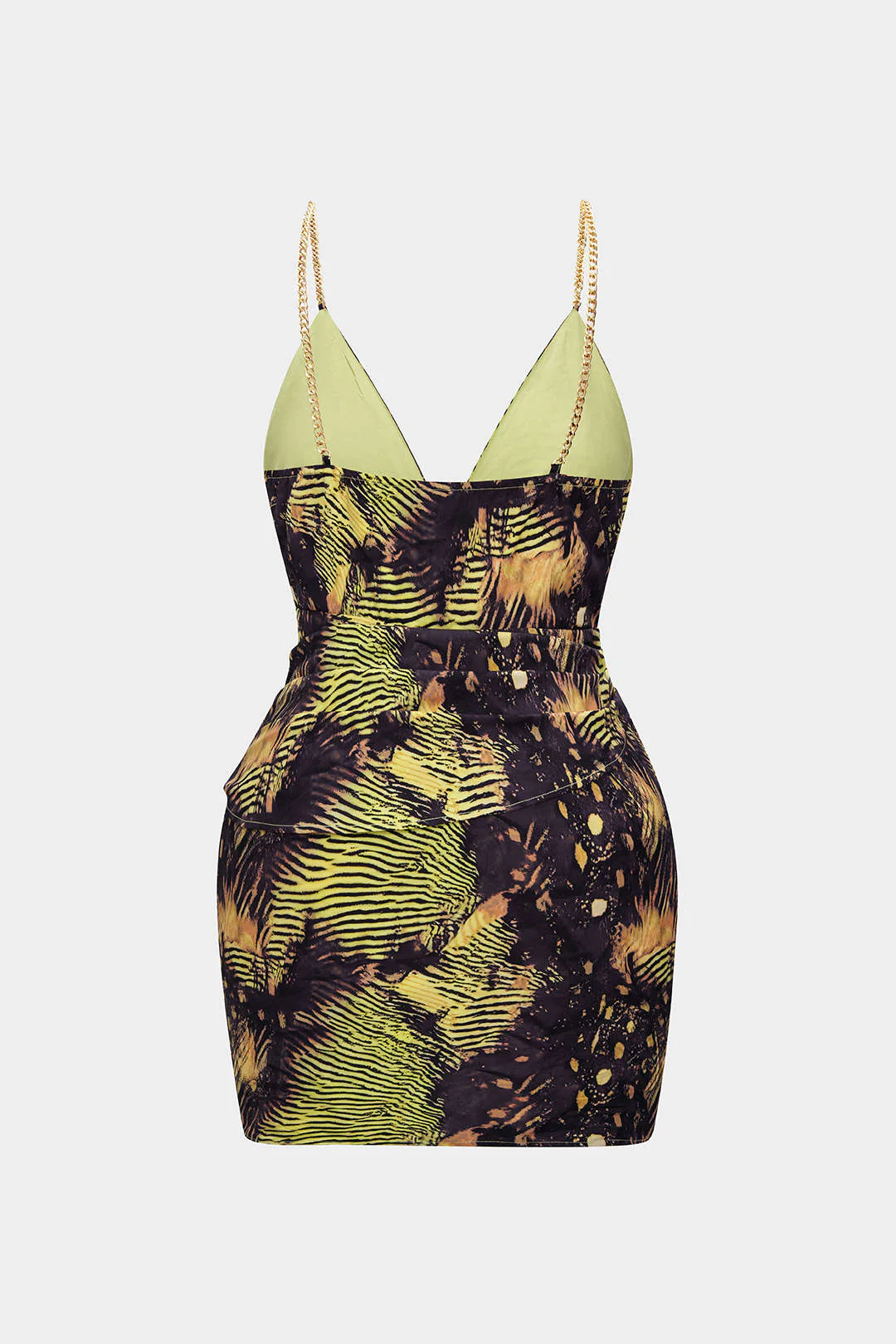 Plus Size Tropical Print Metallic Chain Asymmetrical Ruched Sleeveless Mini Dress