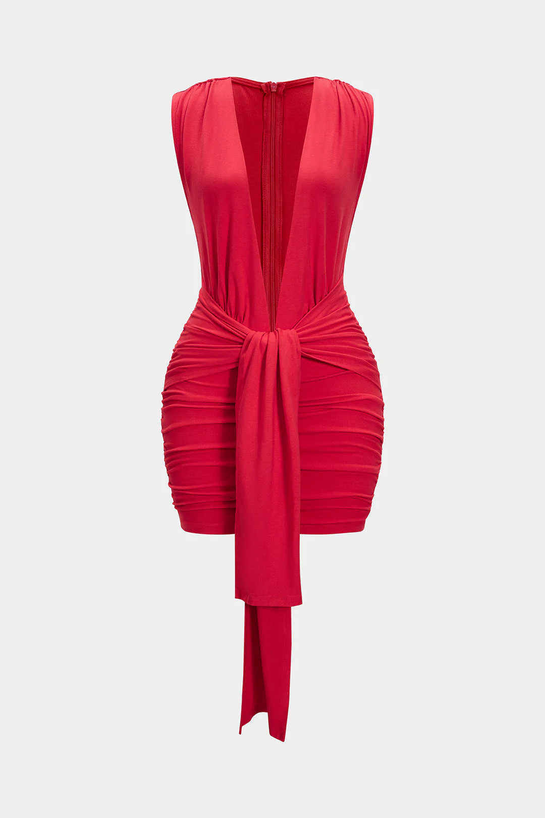 V-Neck Tie-Front Ruched Sleeveless Mini Dress