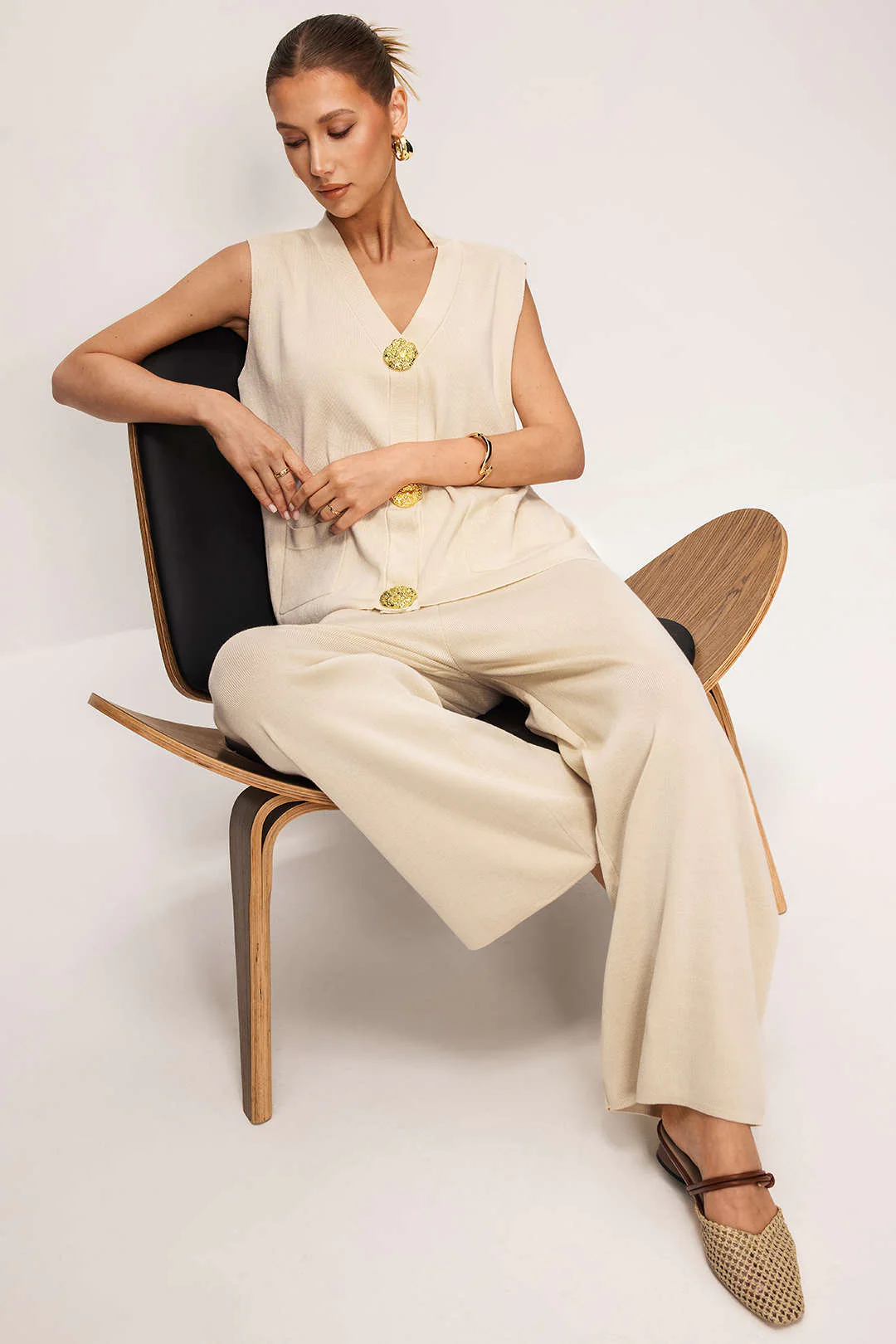 Knit Button V-Neck Vest And Pants Set