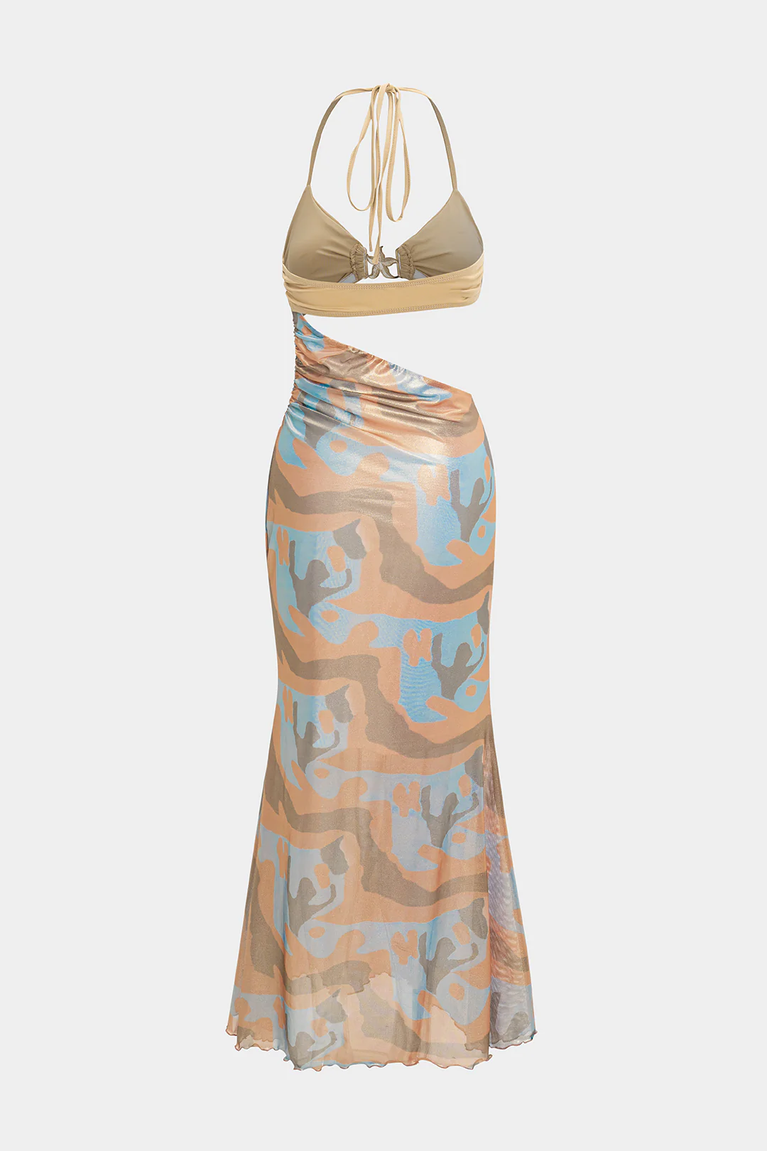 Abstract Pattern Satin Tie-up Halter Neck Cut-out Sleeveless Maxi Dress