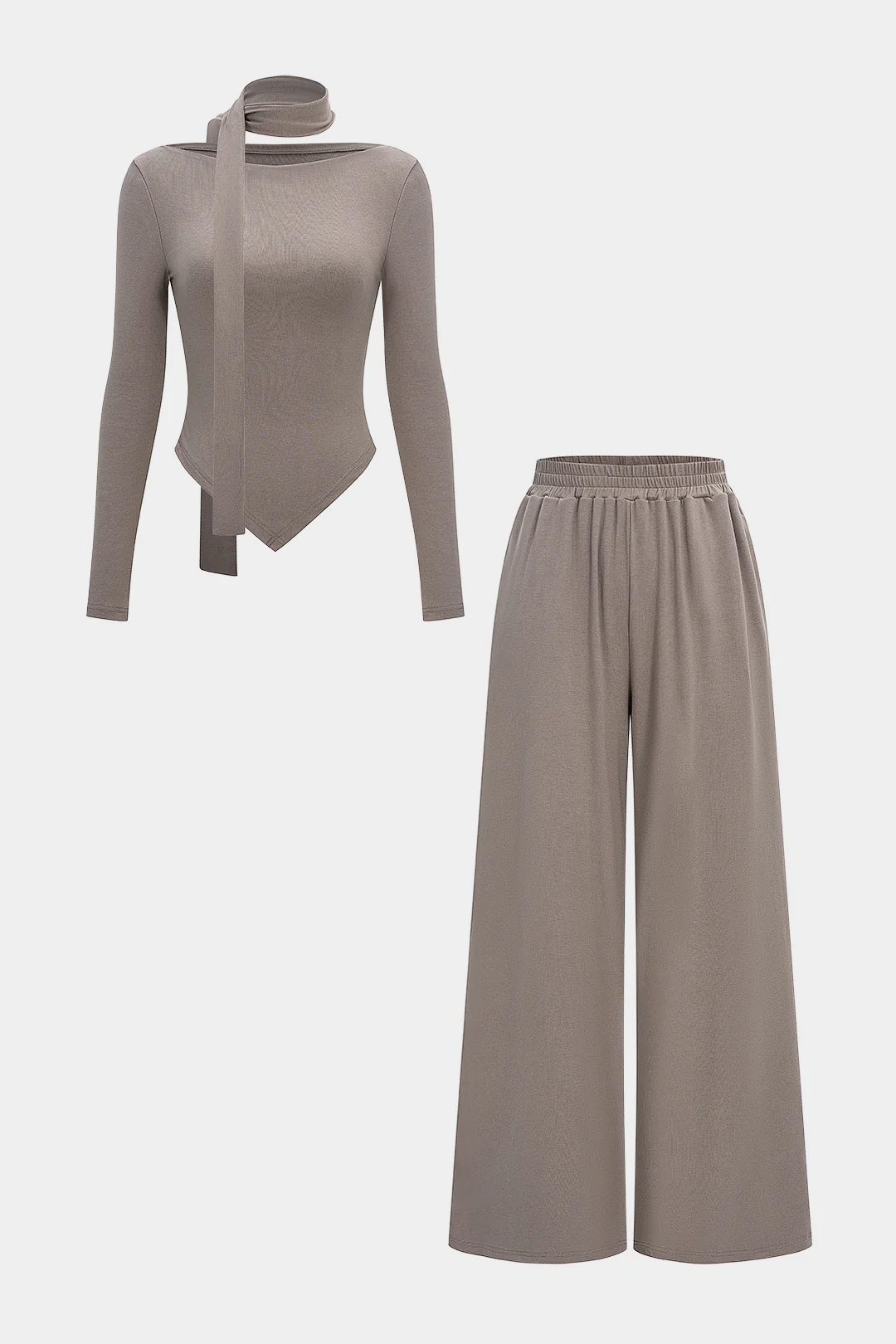 Solid Long Sleeve Top with Scarf and Ruched Wide Leg Trousers Outfit Set