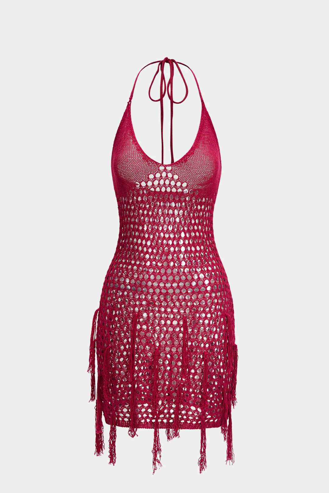 Knit Halter Neck Tie-Back Hollow-Out Fringe Sleeveless Dress