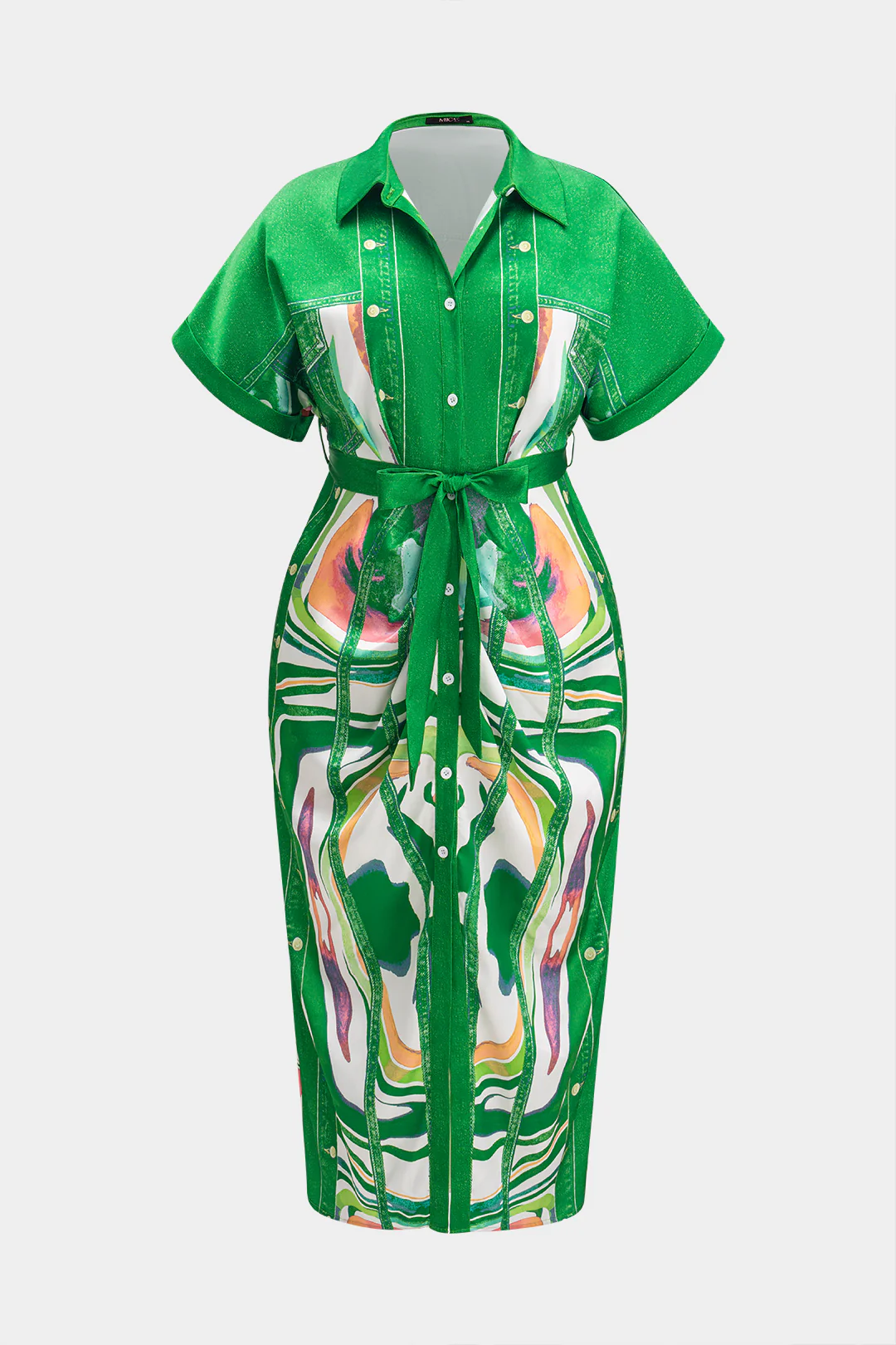 Plus Size Abstract Print Satin Tie Front Button Ruched Short Sleeve Midi Dress