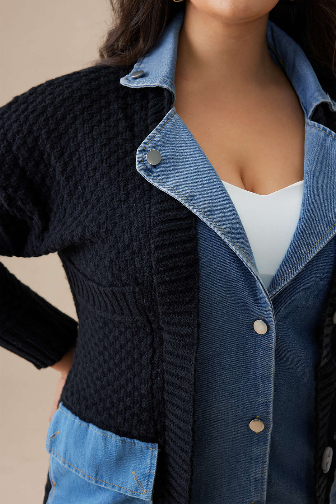 Plus Size Sweater Button Denim Patchwork Cardigan