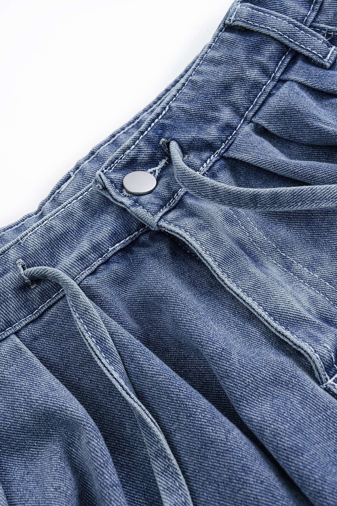 Denim Zipper Pocket Long-Sleeve Top And Tie-Up Jorts Set