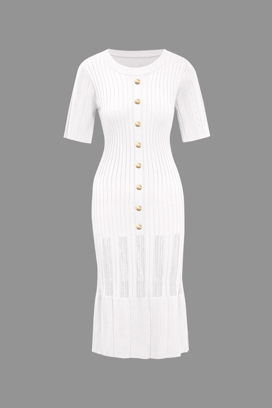 Solid Knitted Buttoned Round Neck Short Sleeve Dress