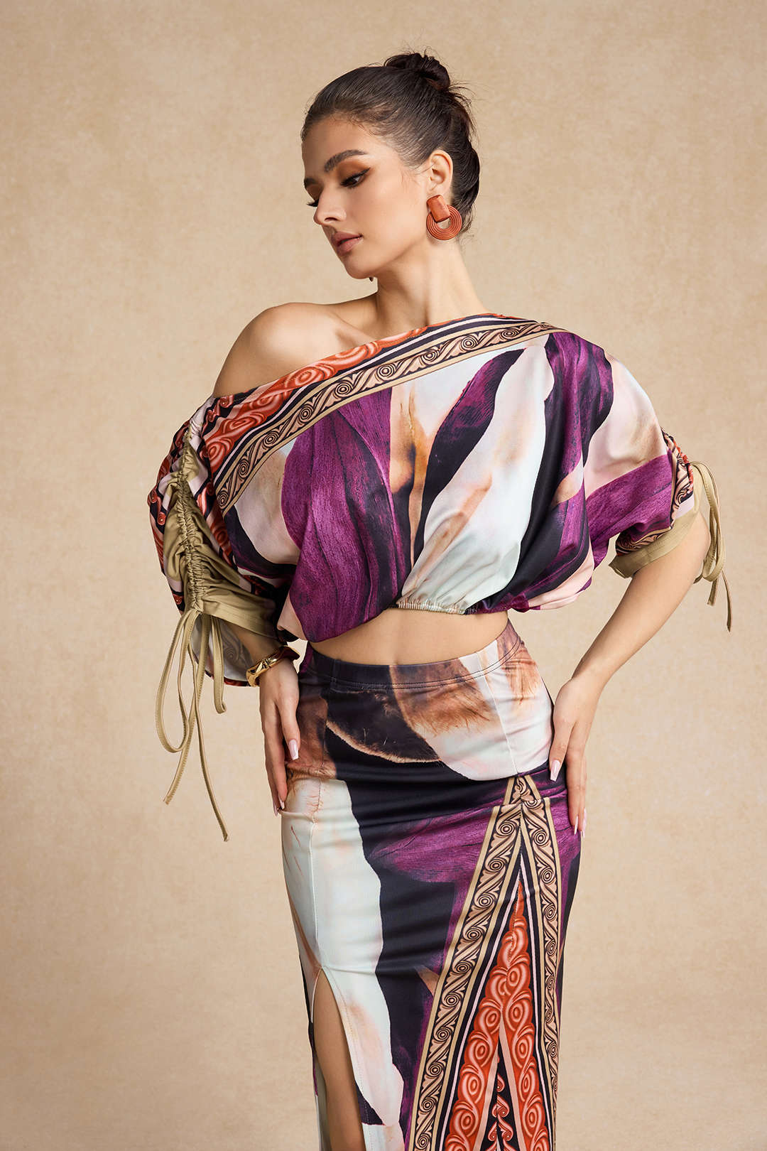 Abstract Floral Print Long Sleeve Top and Midi Skirt Combo