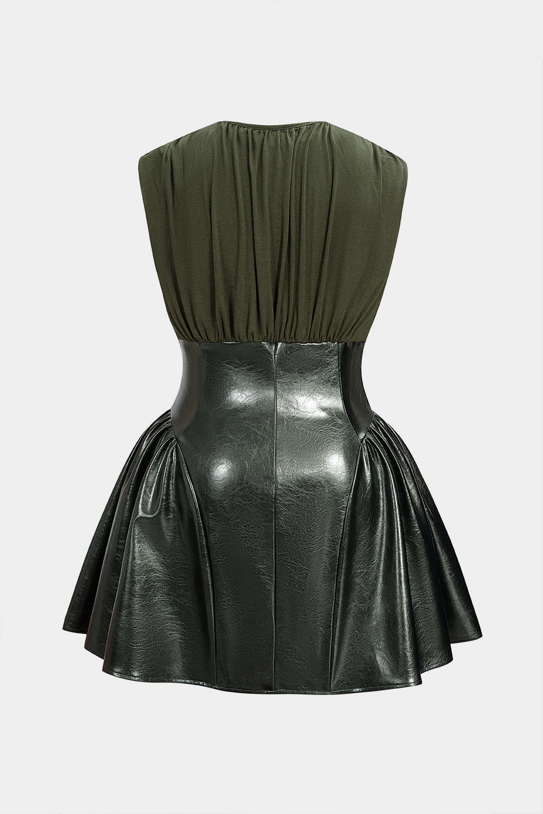 Plus Size Faux Leather Patchwork Ruched Sleeveless Mini Dress