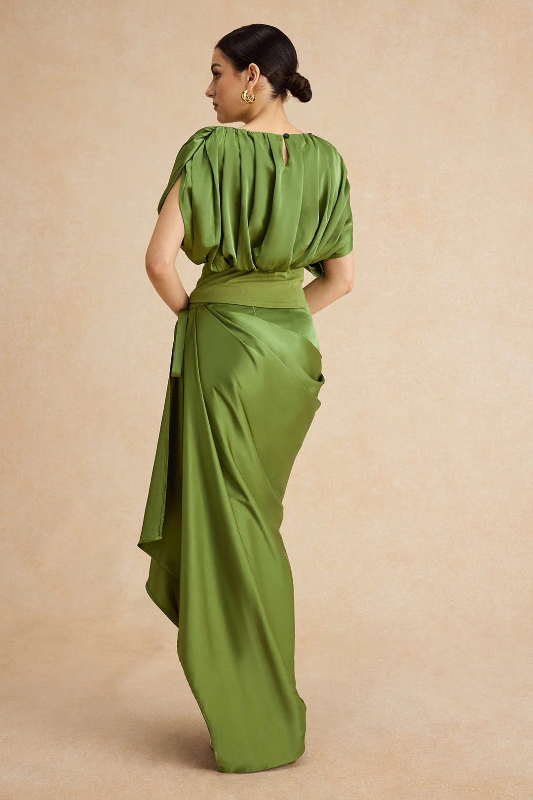 Satin Asymmetrical Ruched Tie Knot Zipper Skirt