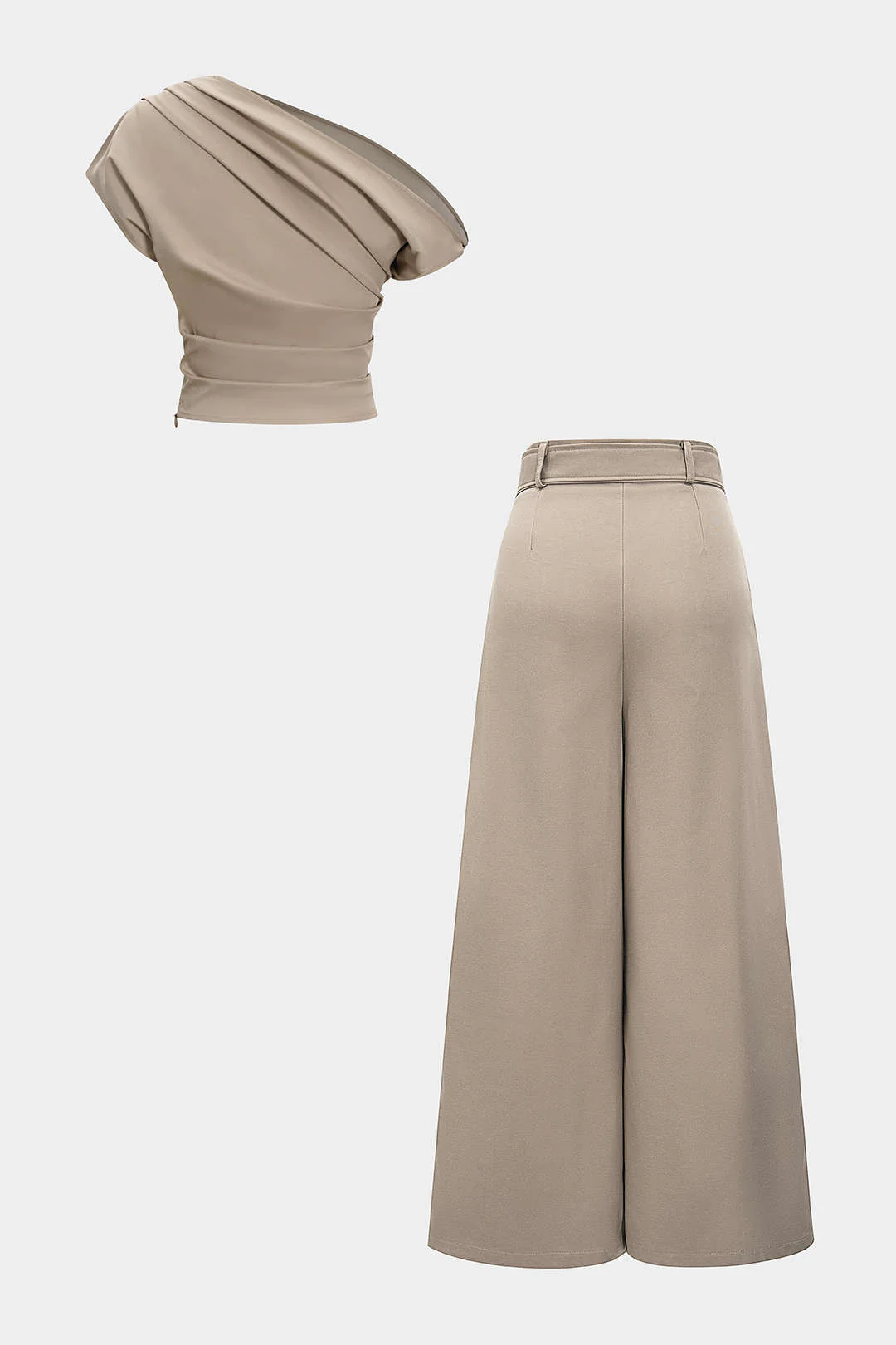 Ruched Asymmetrical Top and Belted Wide-Leg Trousers Outfit Set