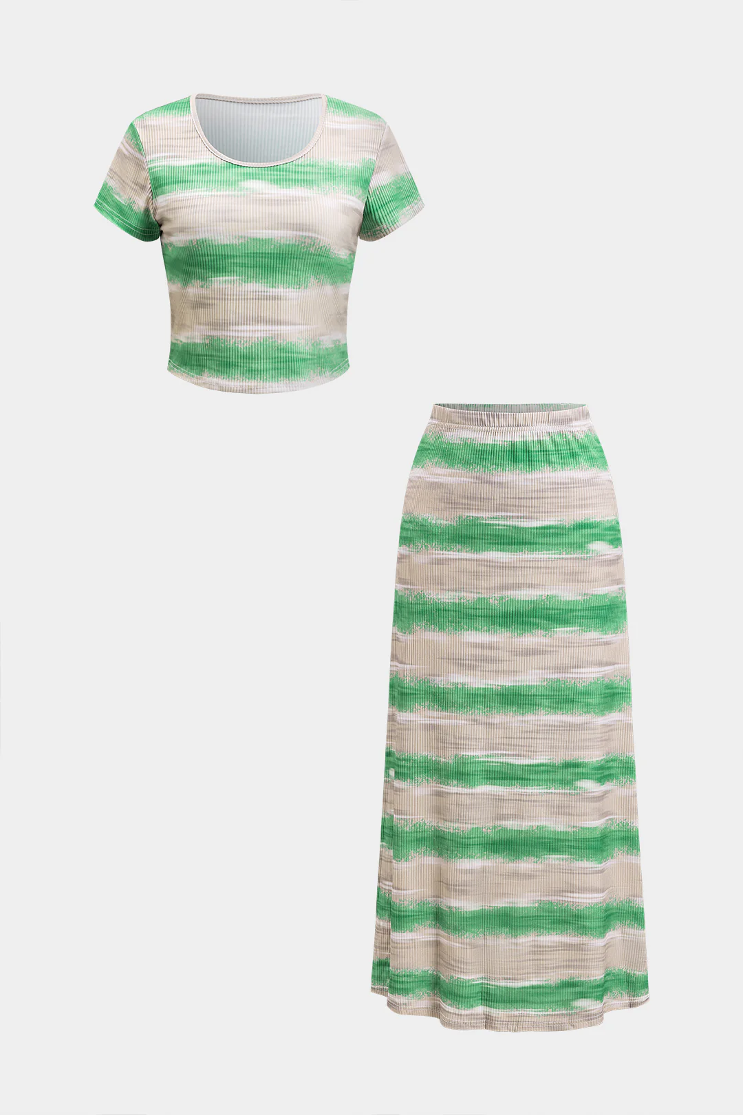 Contrast Textured Short Sleeve Top And Skirt Set