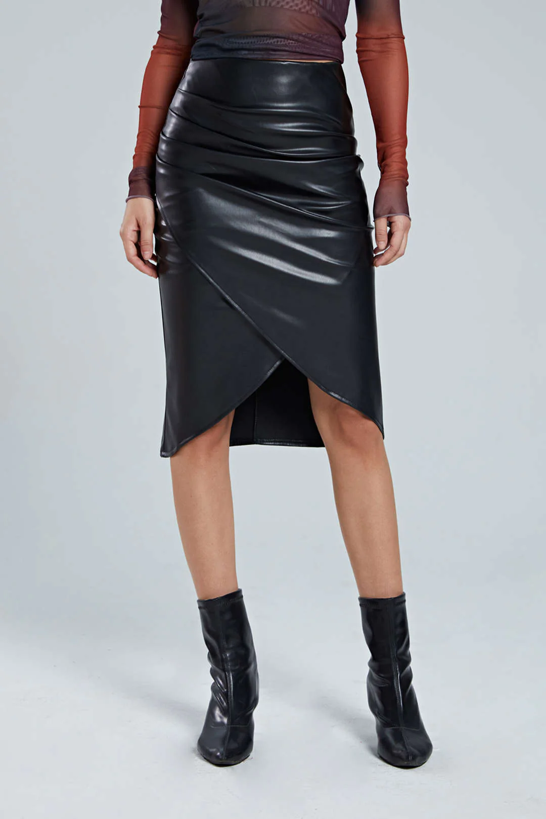 Faux Leather Wrap Ruched Mid-length Skirt
