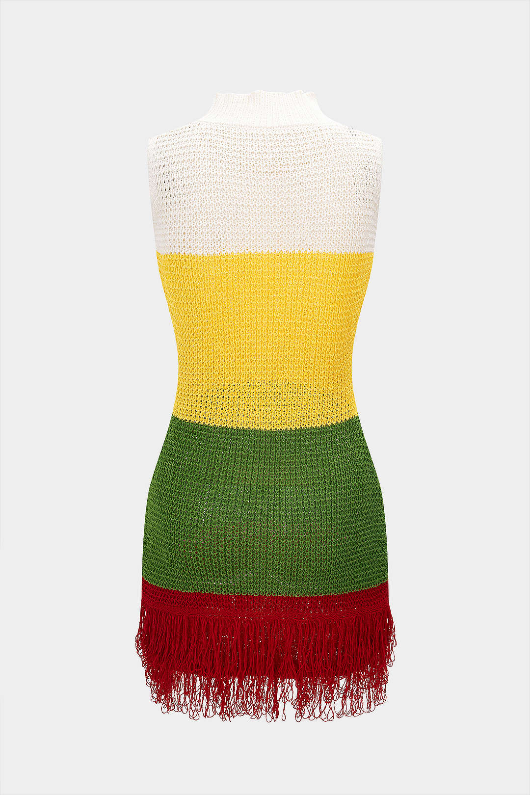 Knit Contrast Mock Neck Fringe Hollow-Out Sleeveless Dress