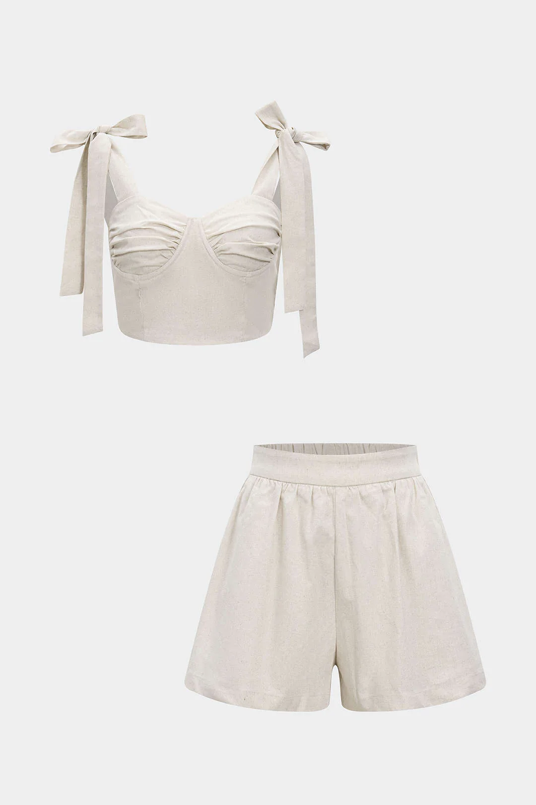 Linen Shirred Tank Top and Ruched Shorts Outfit Set