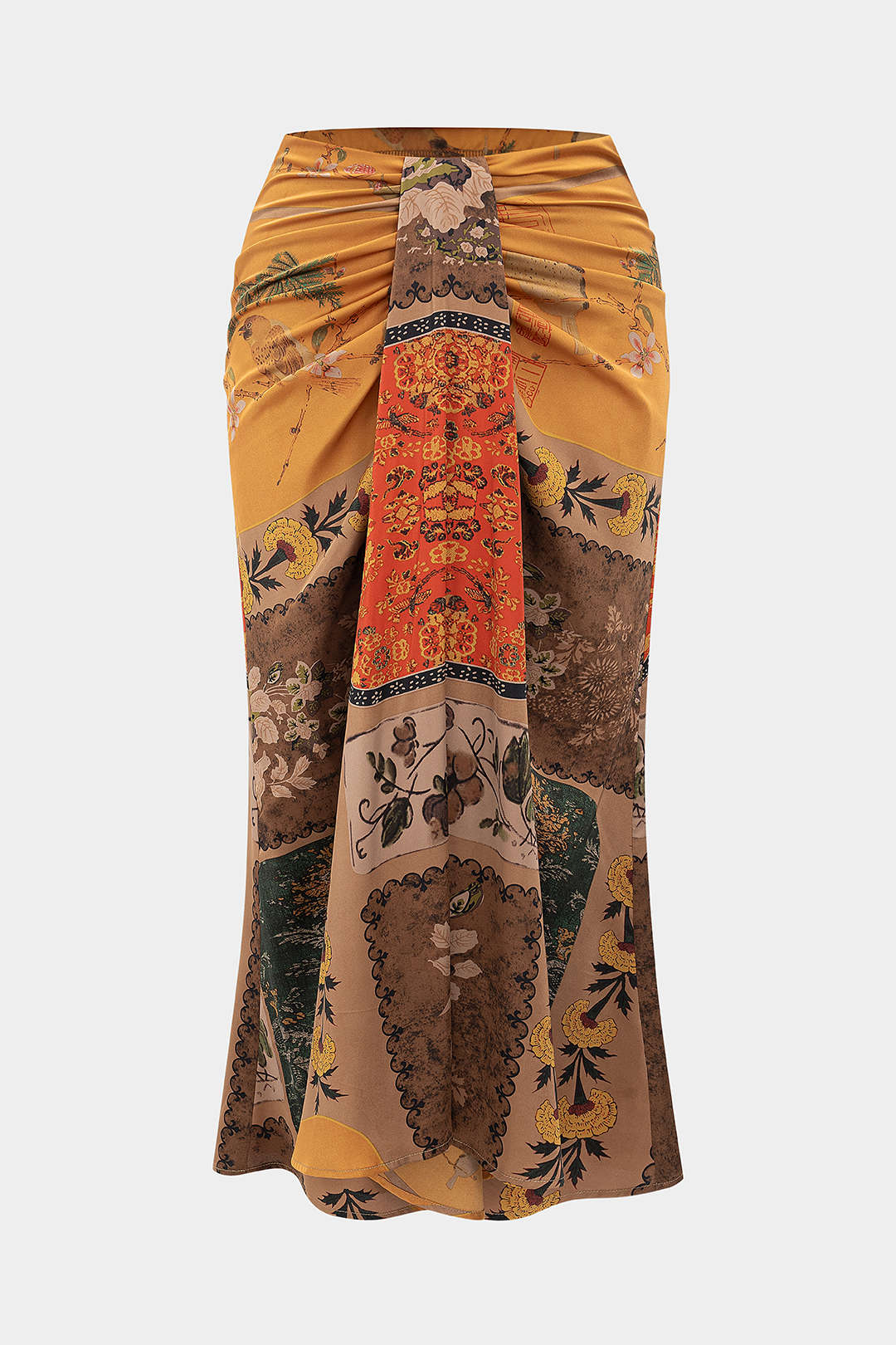 Plus Size Vintage Print Satin Tie-Front Skirt