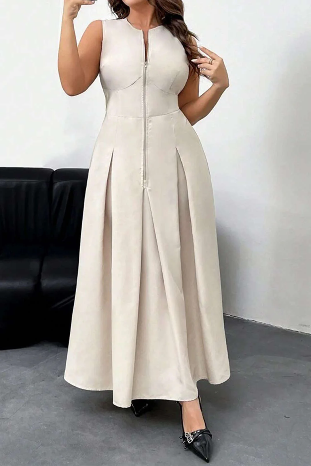 Solid Ruched Zipper Sleeveless Maxi Dress