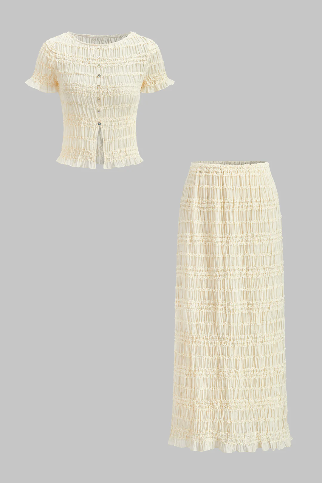 Chiffon Shirred Ruched Short-Sleeve Top And Skirt Set