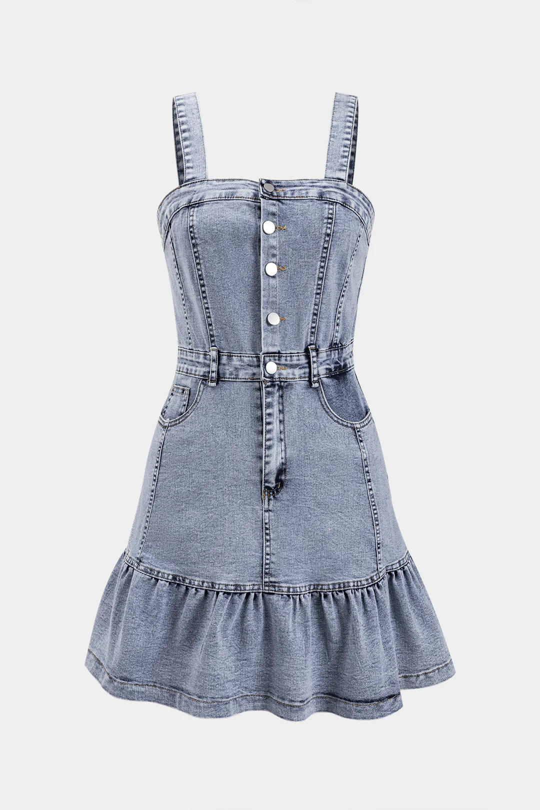 Denim Pleated Button-Pocket Slip Dress