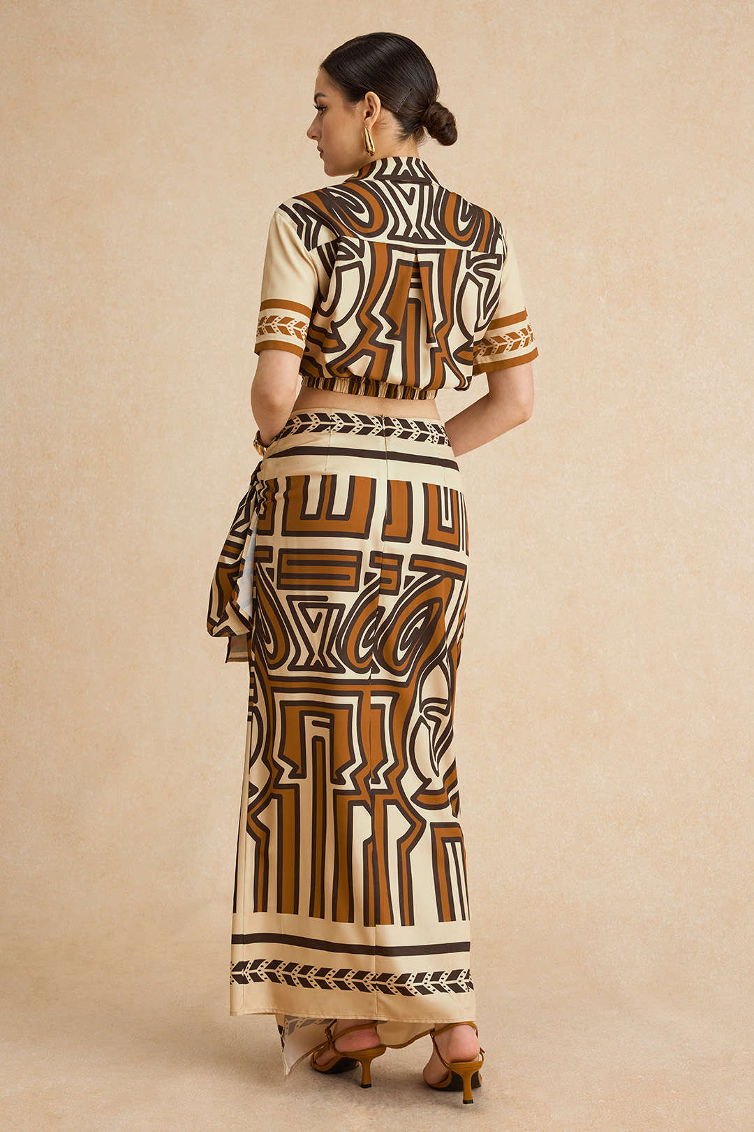 Abstract Geometric Print Ruched Tie-Front Twist Knot Zipper Skirt