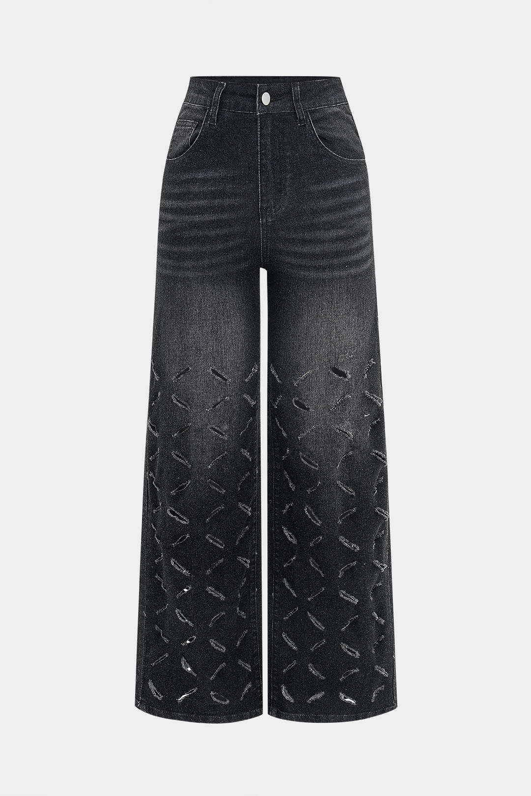 Ripped Cut-Out Button-Pocket Wide-Leg Jeans