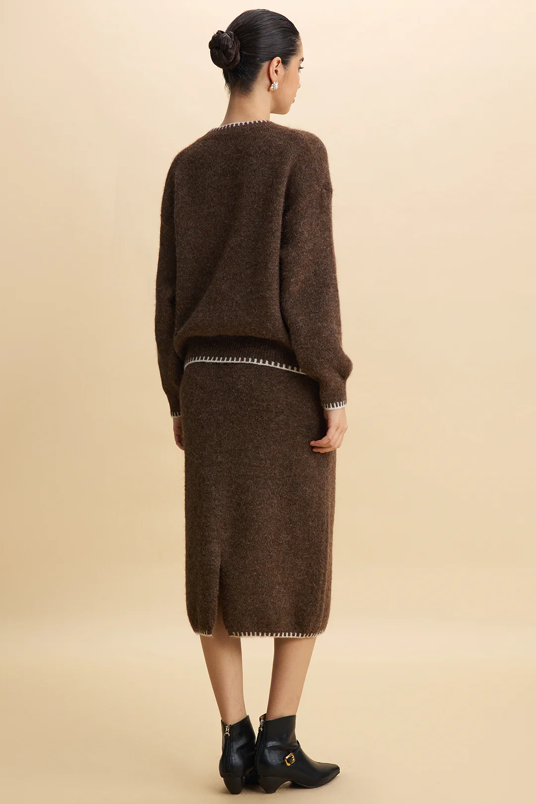 Knit Contrast Whipstitching Long-Sleeve Top And Skirt Set