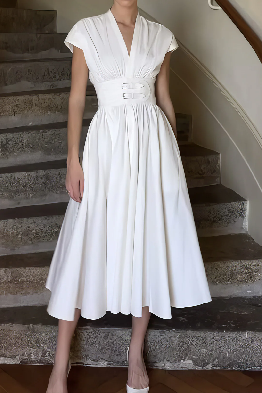 V-Neck Belted Ruched Short-Sleeve Midi Dress