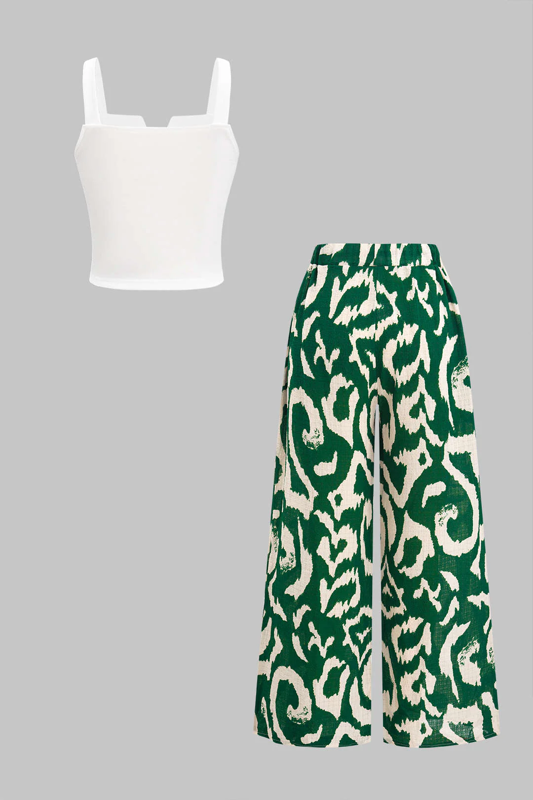 Sleeveless Tank Top and Tropical Pattern Contrast Wide Leg Trousers Set