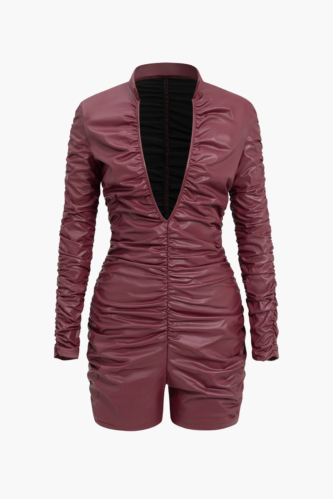 Solid Ruched High Elasticity Faux Leather Jumpsuit