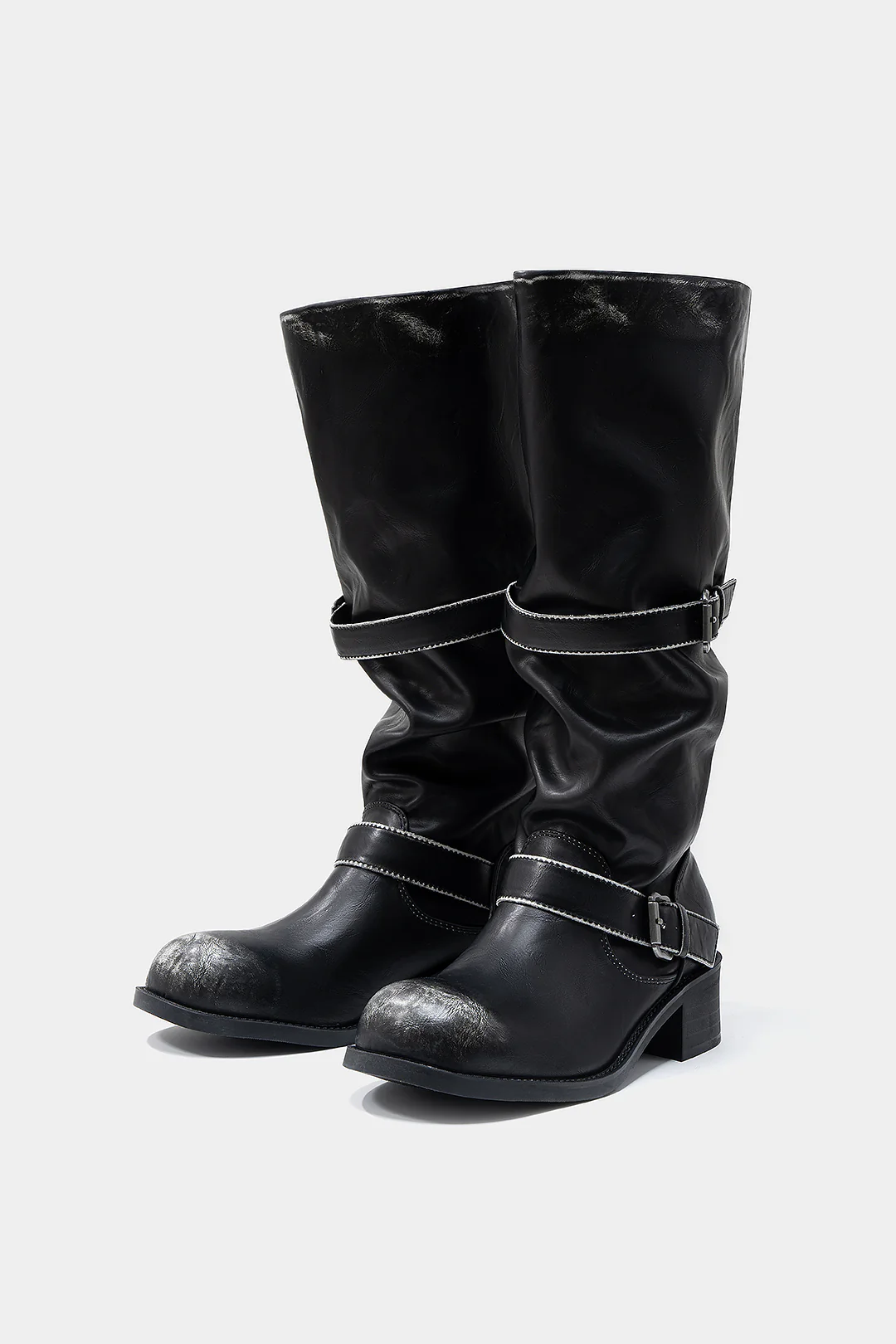 Metallic Buckle Mid Calf Leather Boots