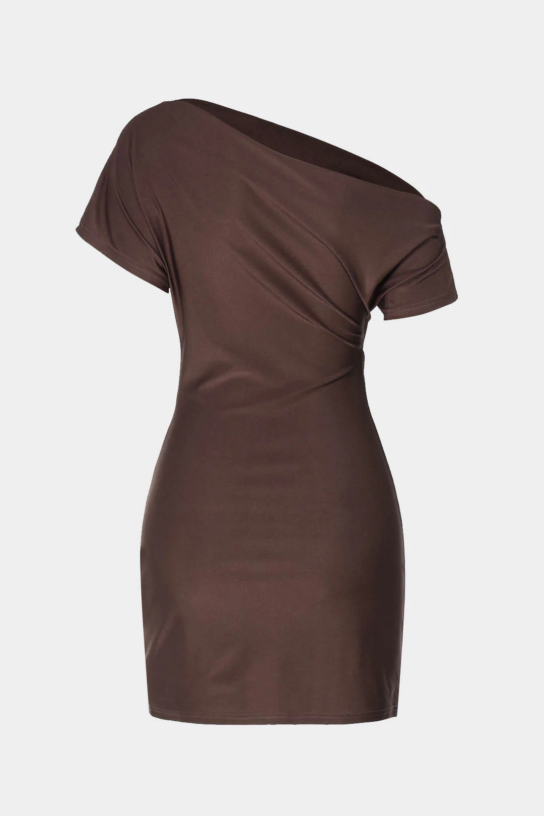 Asymmetrical Shoulder Ruched Short Sleeve Mini Dress
