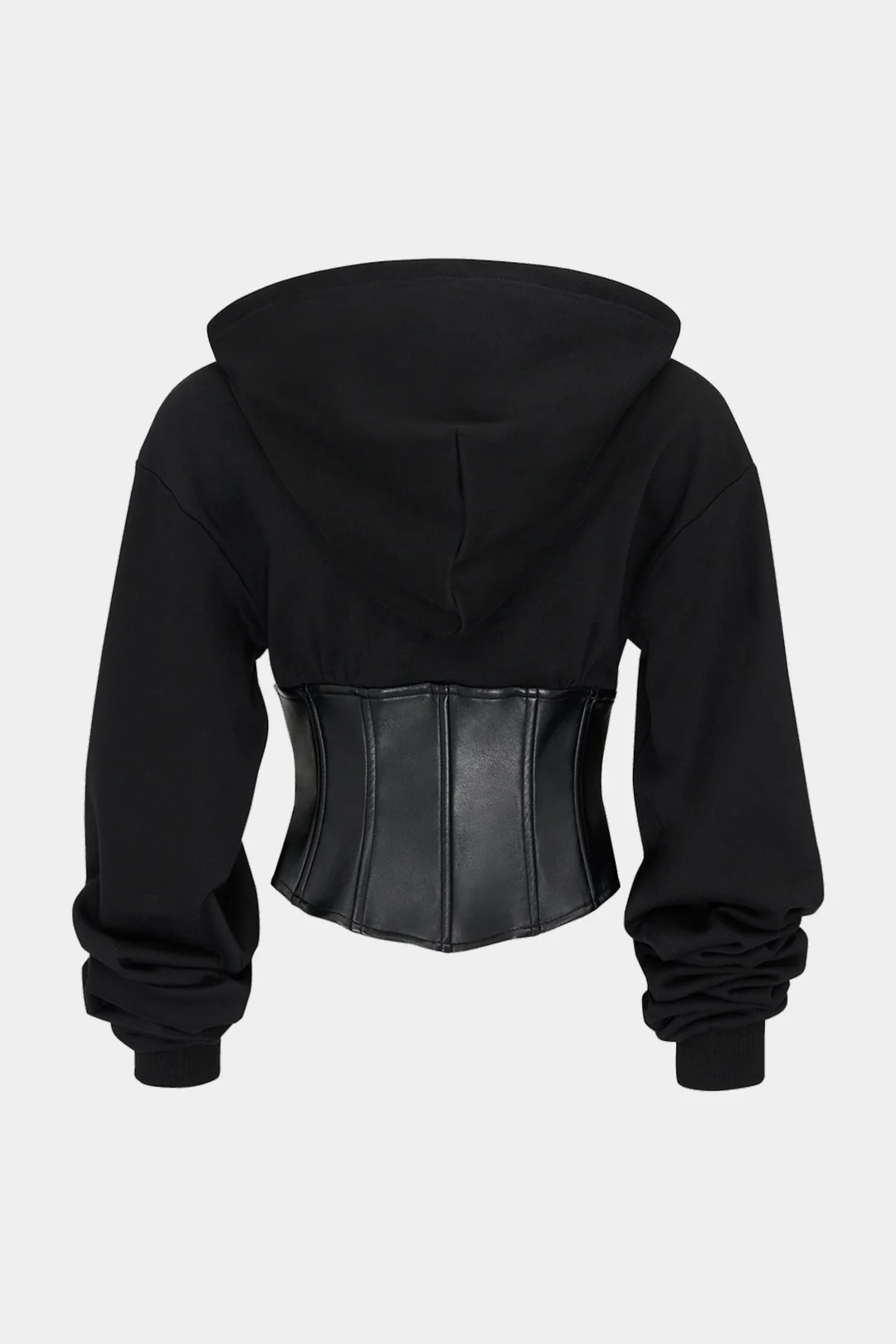 Faux Leather Patchwork Zippered Hooded Top