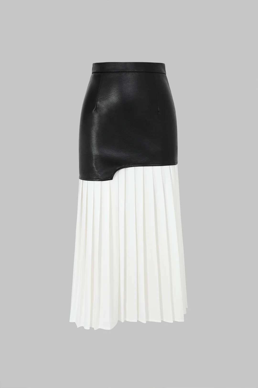 Contrasting Pleated Faux Leather Mid-length Skirt