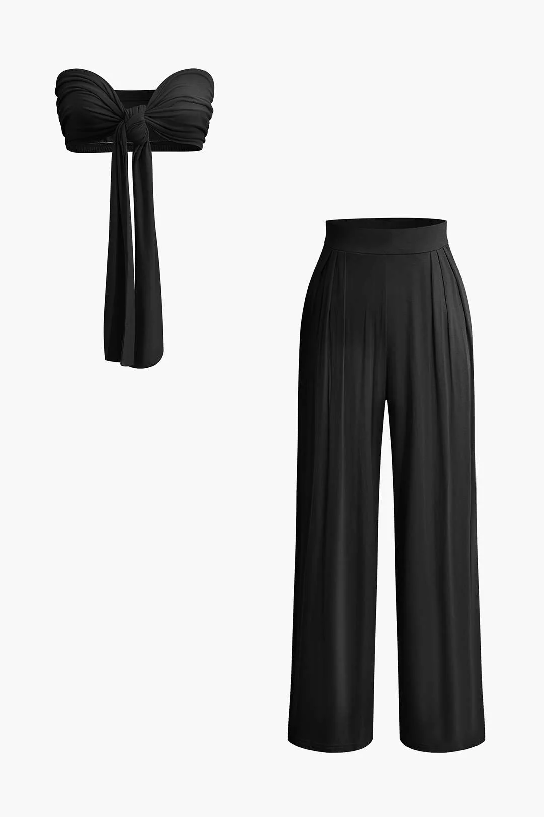 Tie Knot Front Ruched Tube Top and Pleated Wide-Leg Pants Set