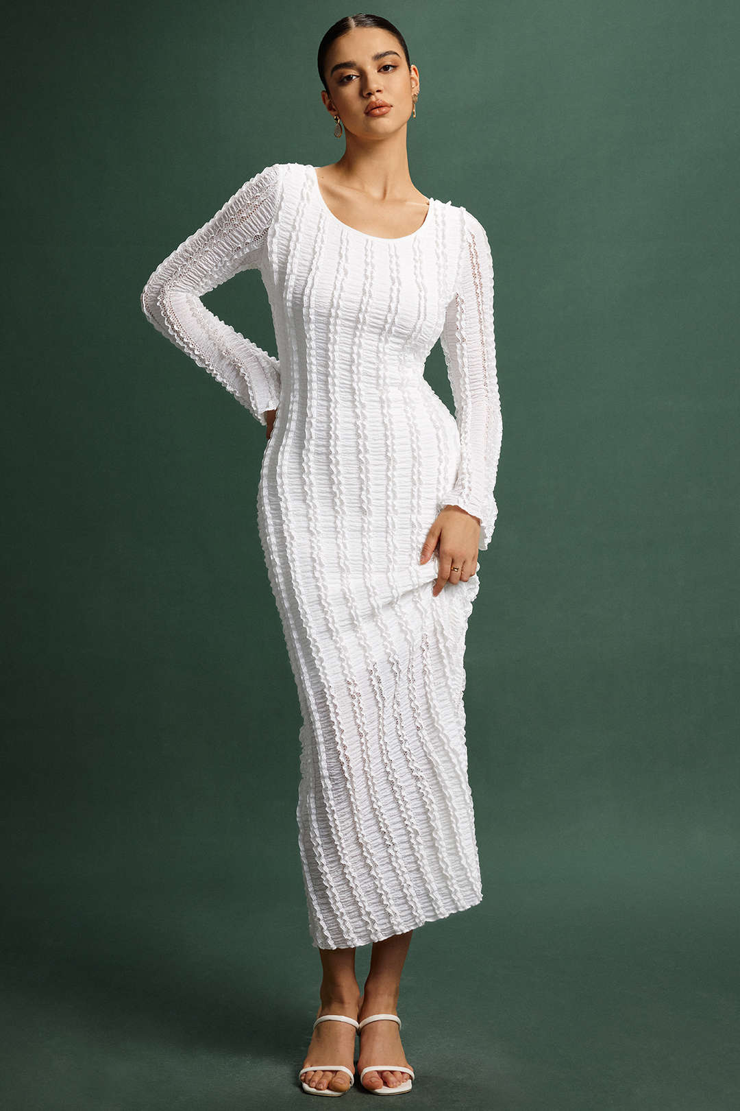 Ribbed Tie-Back Backless Long-Sleeve Maxi Dress