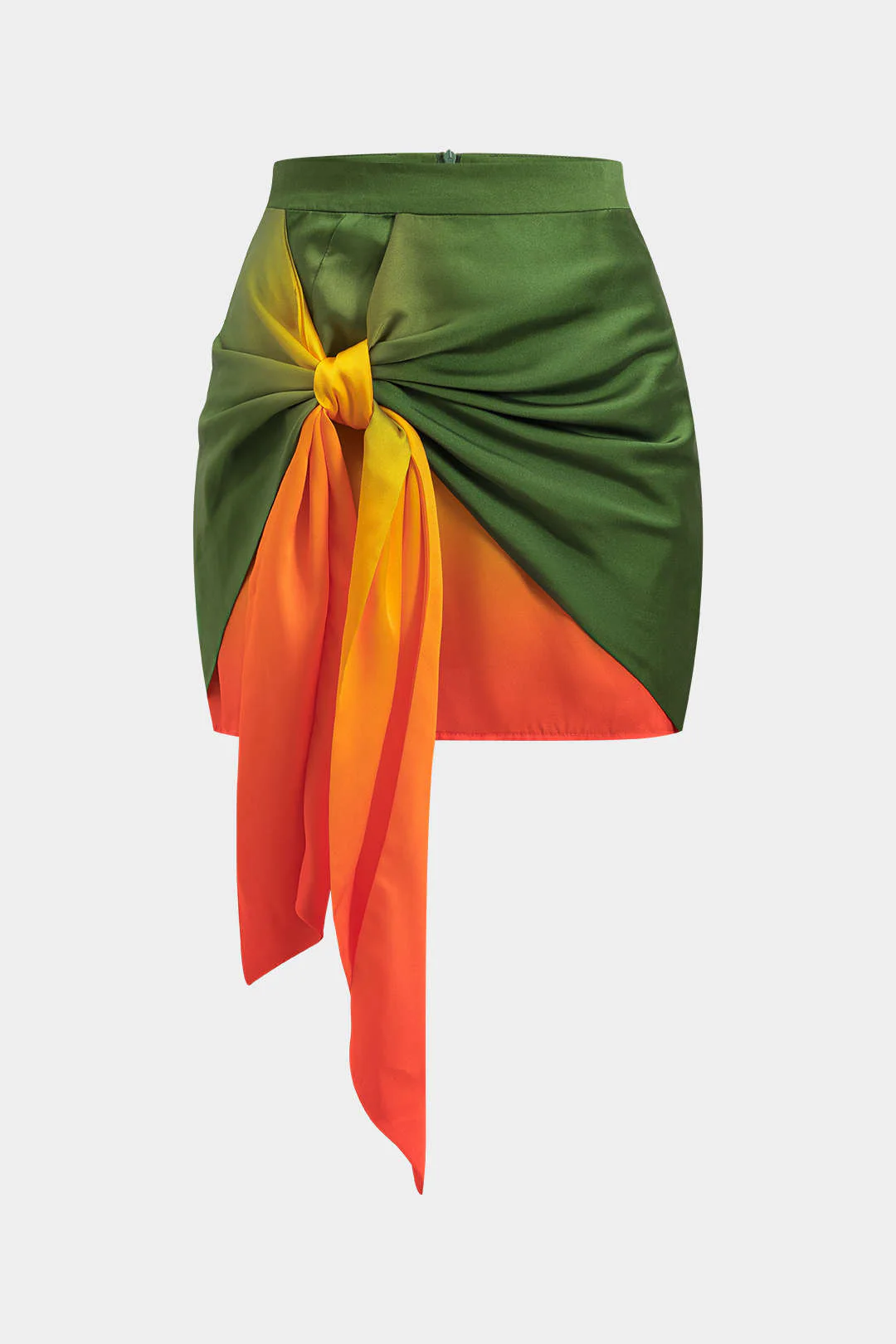 Ombre Print Satin Ruched Tie-Front Zippered Skirt