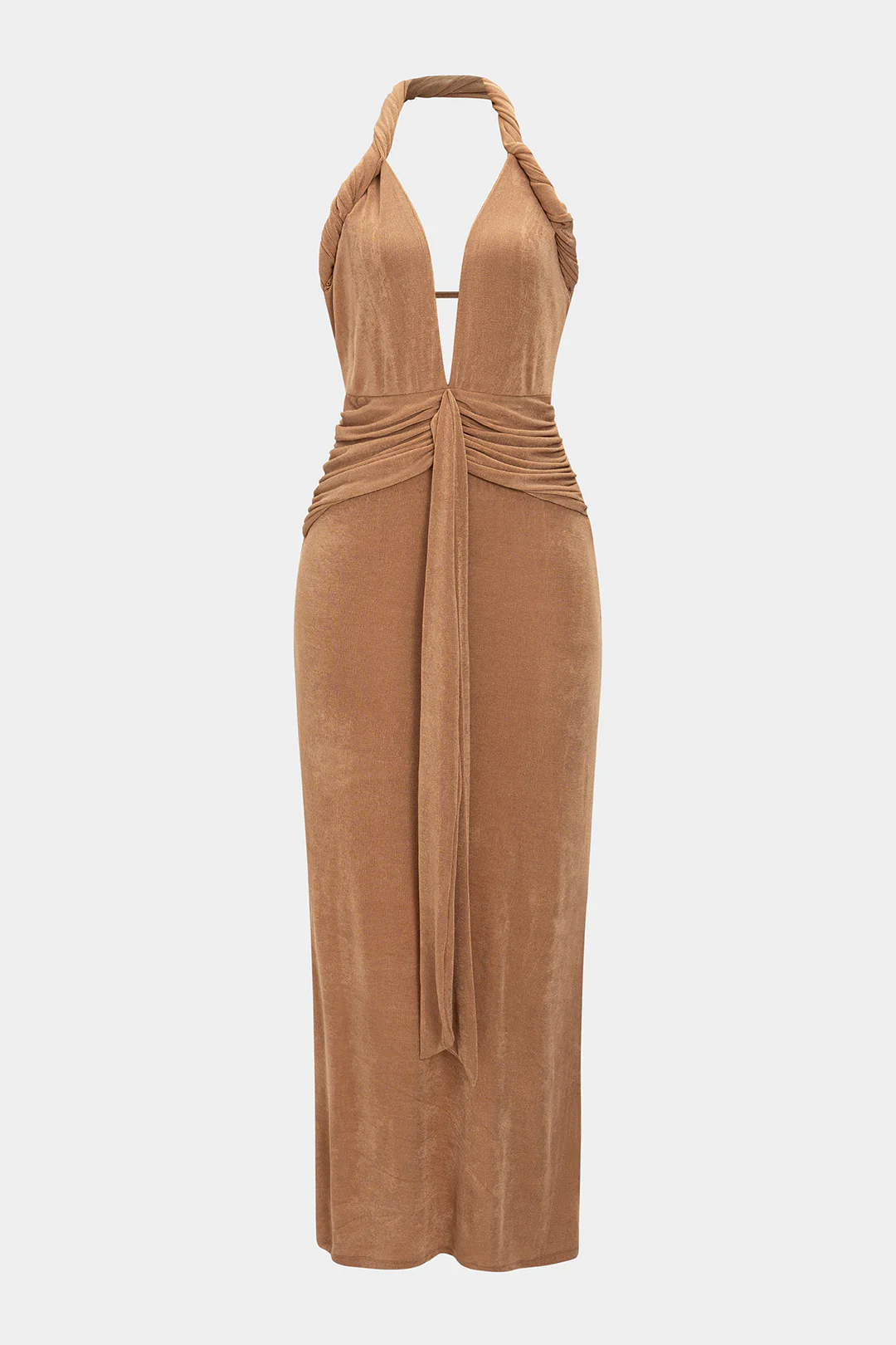 Halter Neck V-Neck Twist Knot Ruched Backless Sleeveless Maxi Dress