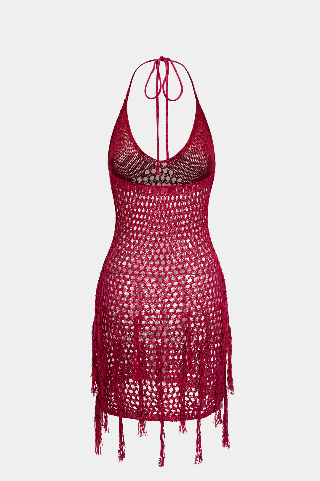 Knit Halter Neck Tie-Back Hollow-Out Fringe Sleeveless Dress