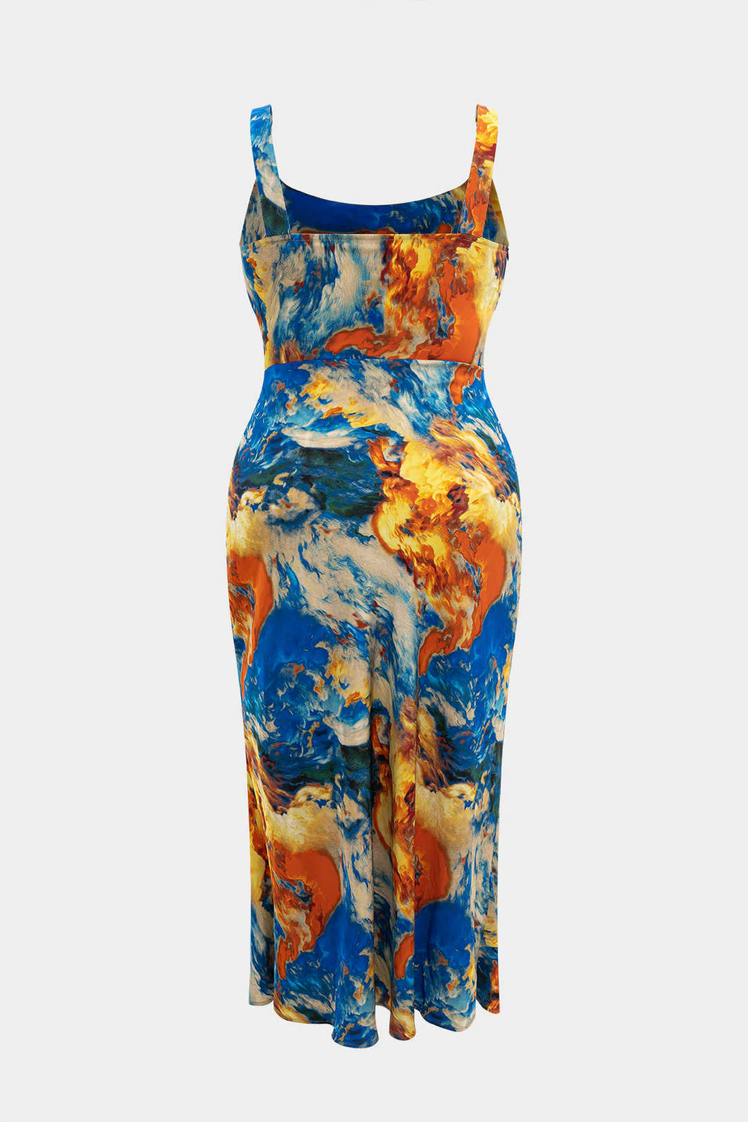 Plus Size Satin Abstract Pattern Draped Cowl Neck Slip Sleeveless Slit Midi Dress