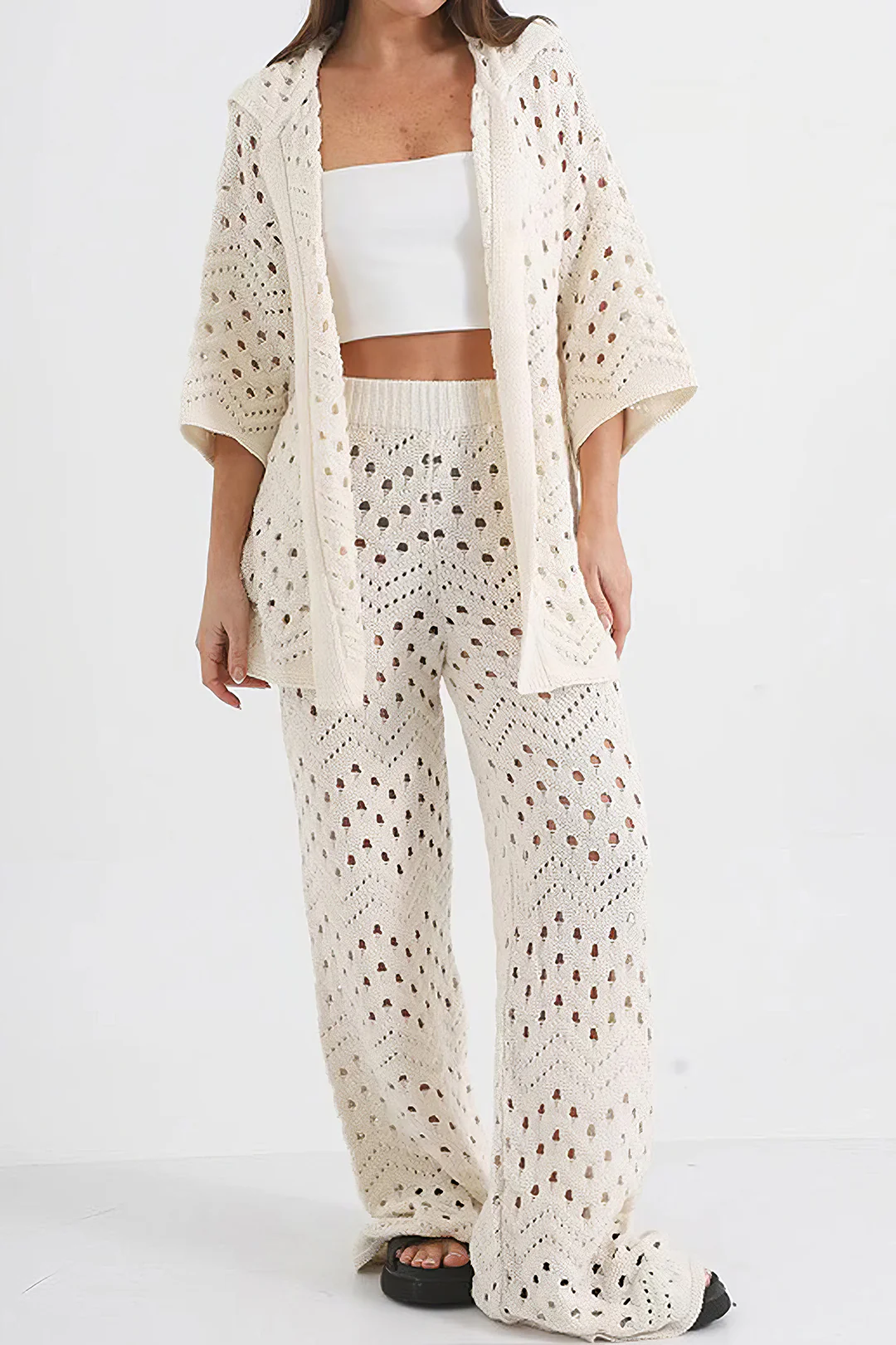 Knit Hollow-Out Top and Trousers Set